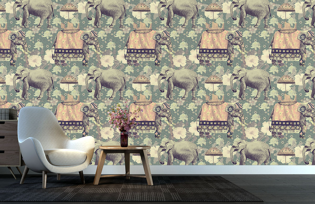 green-elephant-design-Seamless design repeat pattern wallpaper-with-chair