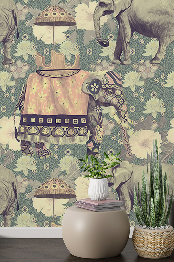 green-elephant-Seamless design repeat pattern wallpaper-with-side-table