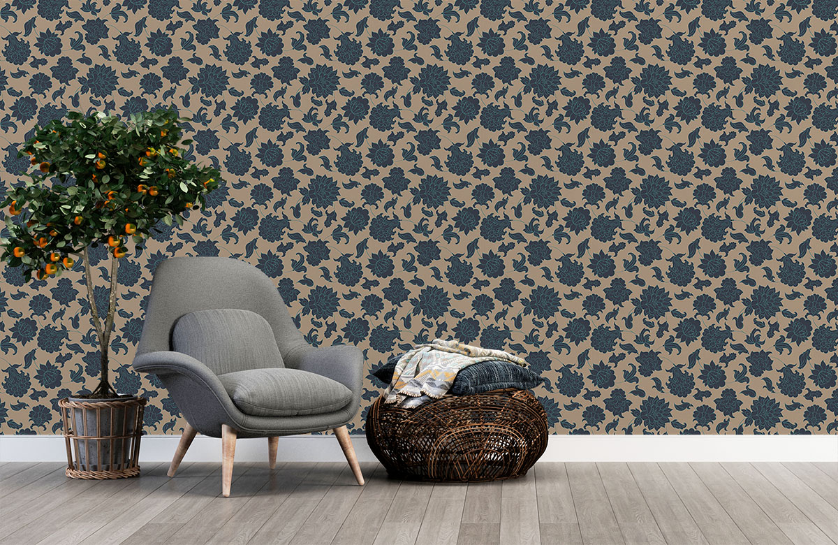 blue-floral-design-Singular design large mural-with-chair