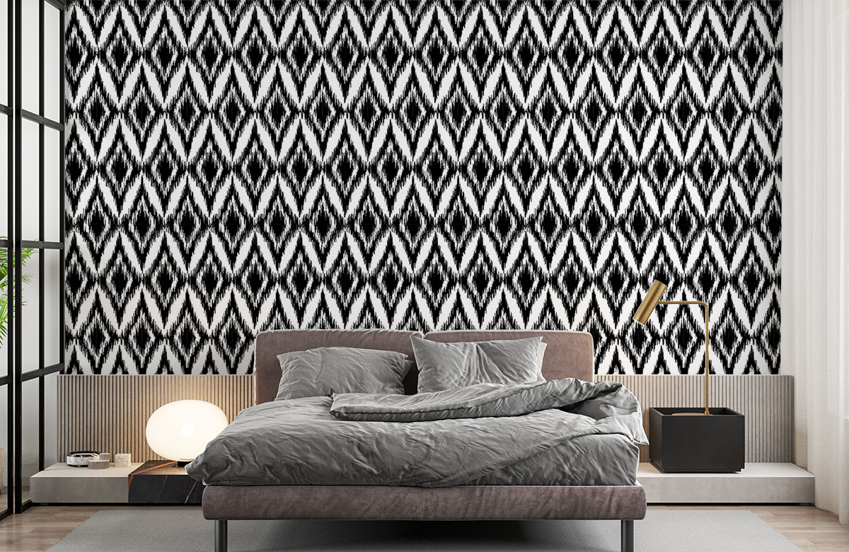 black-and-white-ikat-pattern-wallpapers-in-front-of-bed