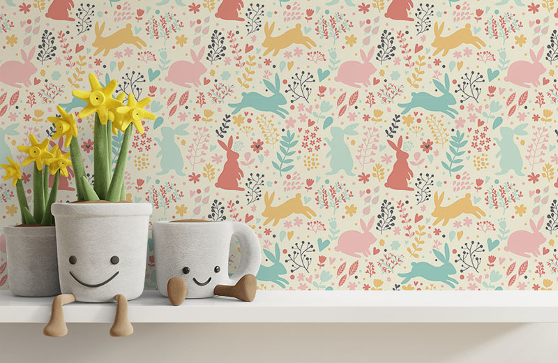 hopping-rabbit-and-leaves-wallpaper-with-side-table