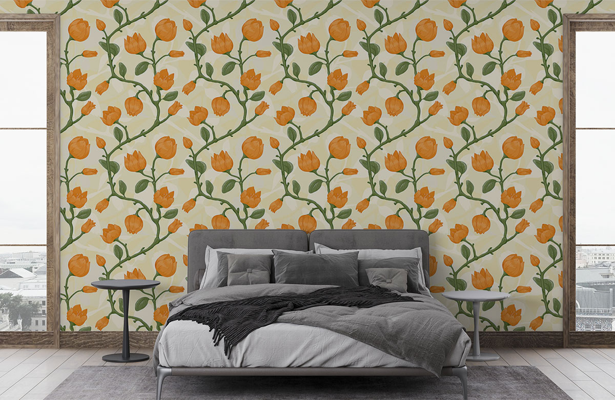 orange-flowers-green-leaves-wallpapers-in-front-of-bed