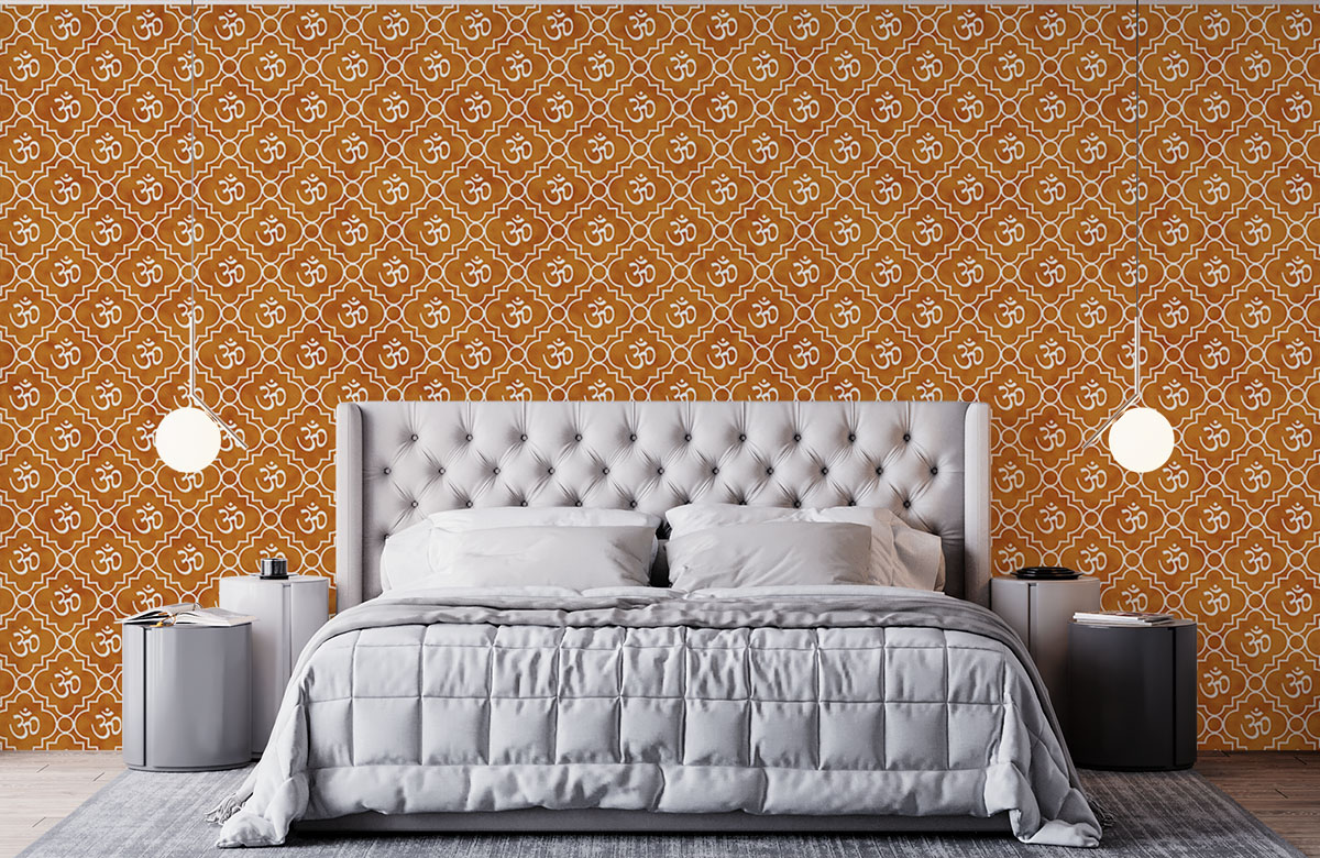 om-pattern-in-orange-wallpapers-in-front-of-bed
