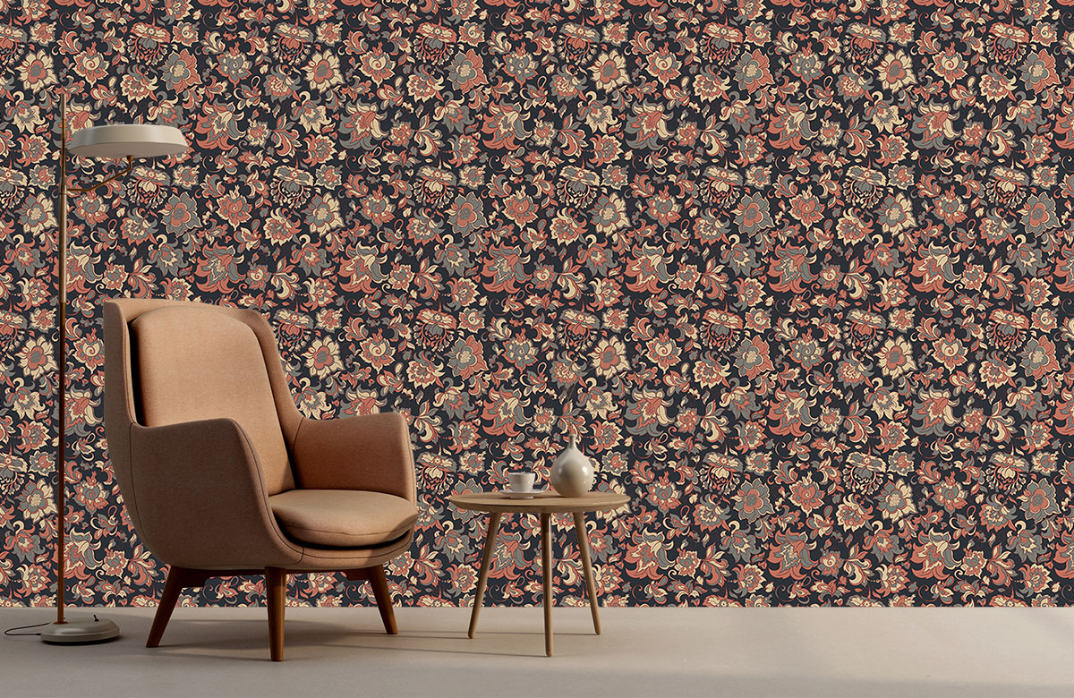 brown-paisley-design-Singular design large mural-with-chair