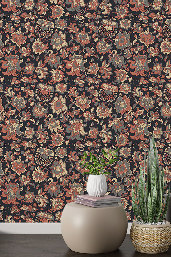 brown-paisley-Singular design large mural-with-side-table