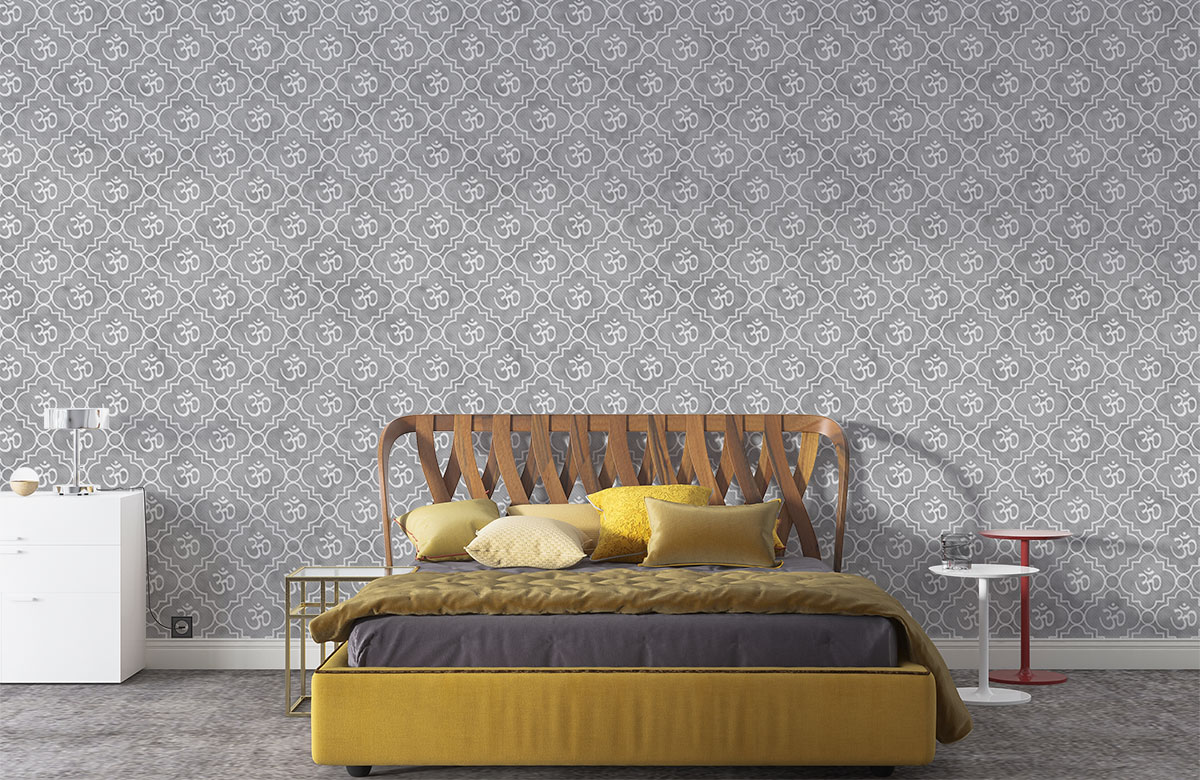 om-pattern-in-grey-wallpapers-in-front-of-bed