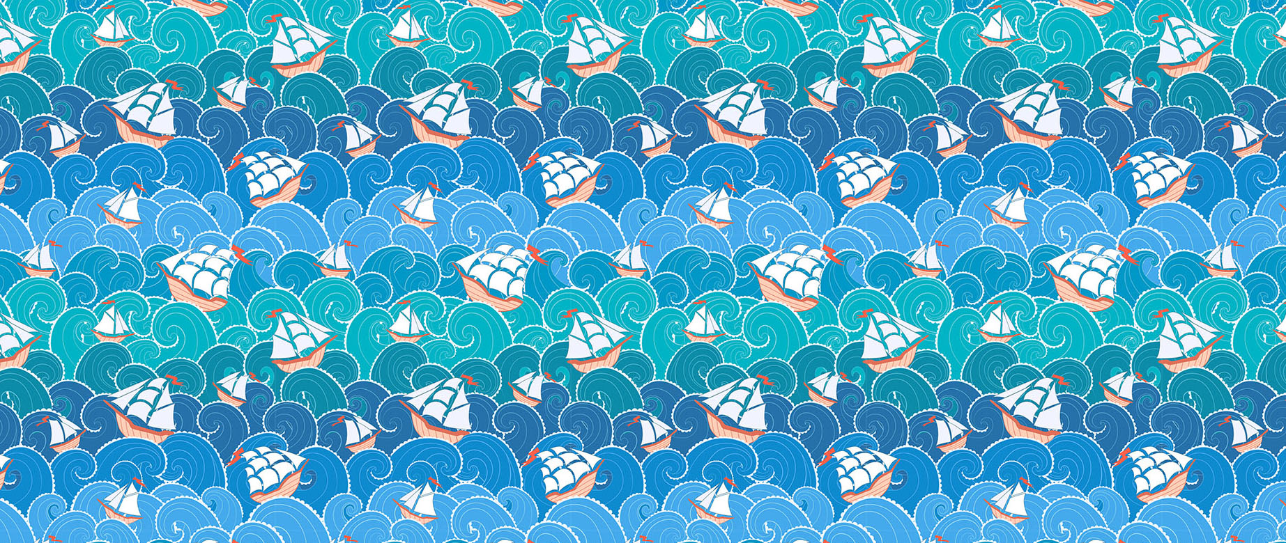 Cute-sail-boat-in-ocean-water-childrens-wallpaper-seamless-repeat-view