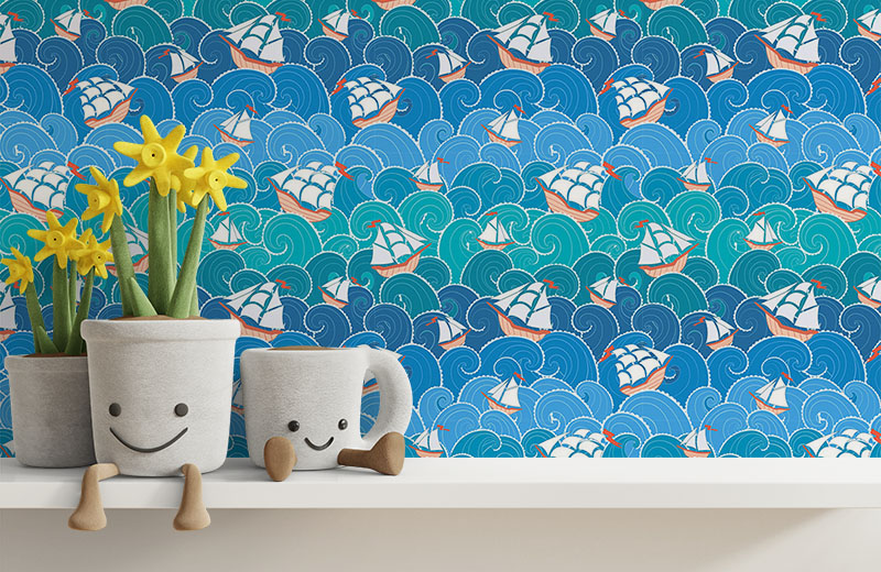 Cute-sail-boat-in-ocean-water-childrens-wallpaper-with-side-table