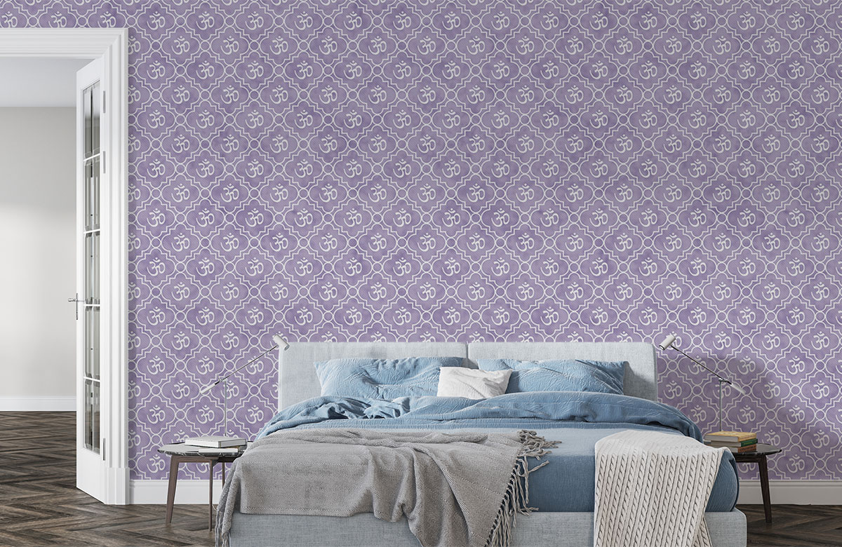 om-pattern-in-purple-wallpapers-in-front-of-bed