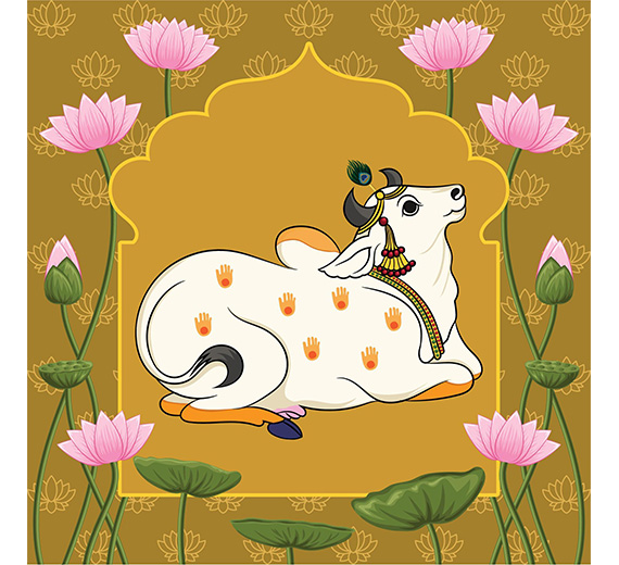 indian-holy-cow-with-lotus-plant-in-yellow-murals-thumb