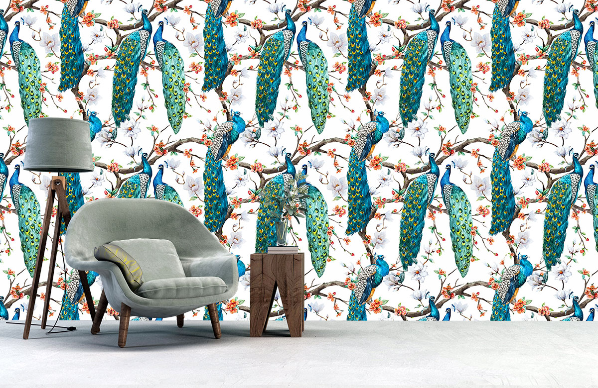 white-peacock-design-Seamless design repeat pattern wallpaper-with-chair