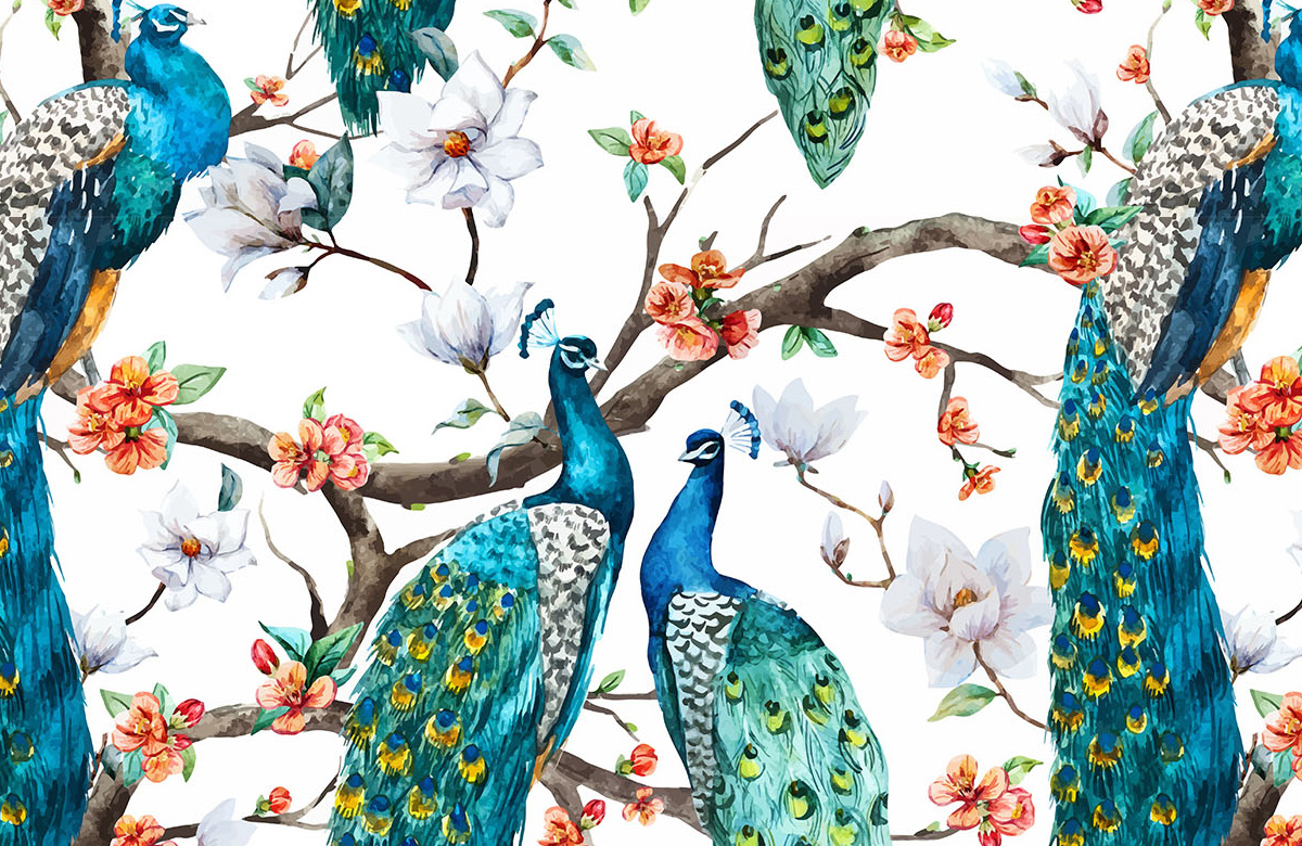 white-peacock-design-Seamless design repeat pattern wallpaper-roll