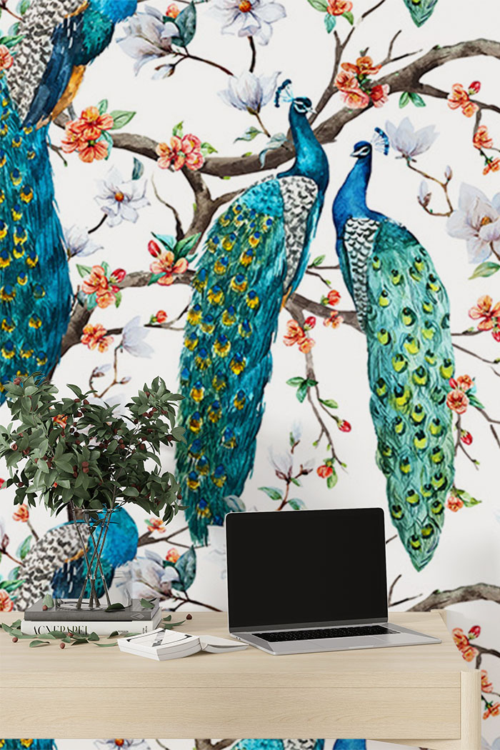 white-peacock-Seamless design repeat pattern wallpaper-with-side-table