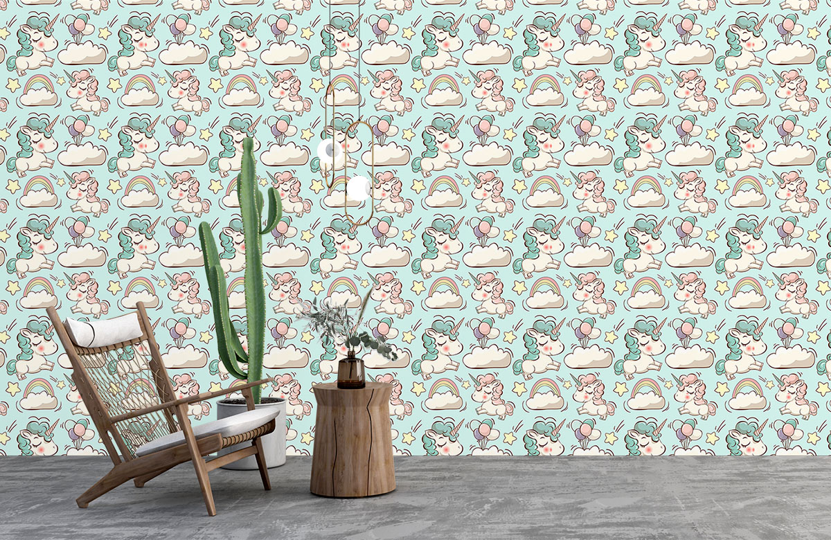 aqua-unicorn-design-Seamless design repeat pattern wallpaper-with-chair