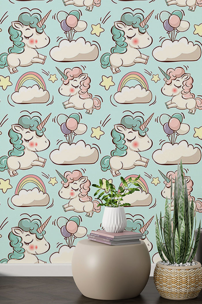 aqua-unicorn-Seamless design repeat pattern wallpaper-with-side-table
