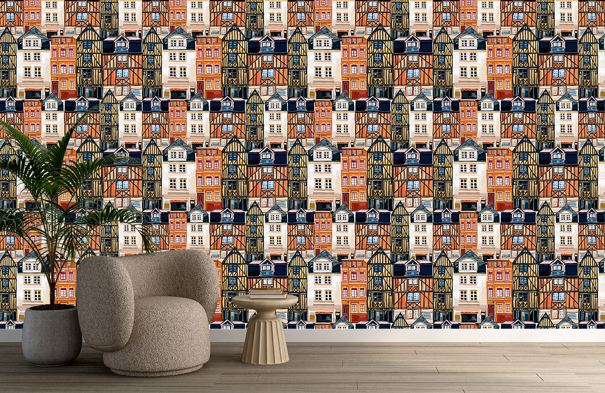 orange-house-design-Seamless design repeat pattern wallpaper-with-chair
