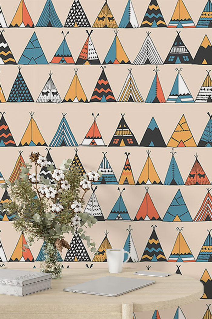 cream-tent-Seamless design repeat pattern wallpaper-with-side-table
