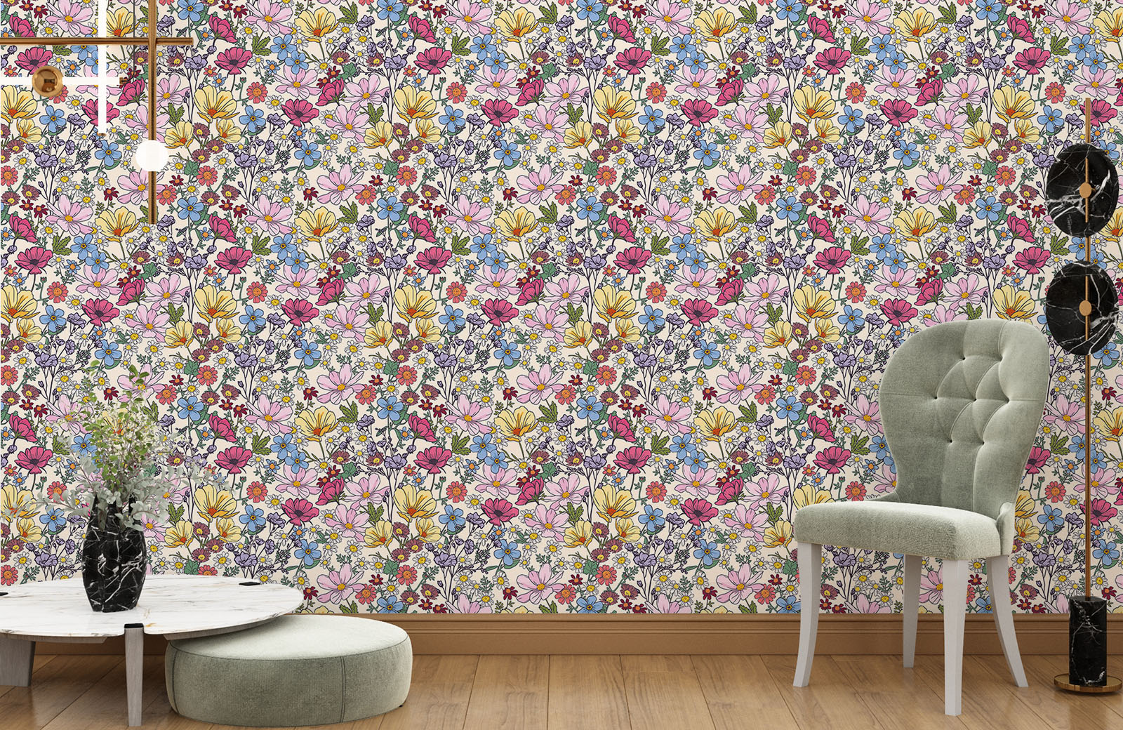 multi-coloured-flowers-in-garden-wallpaper-with-chair