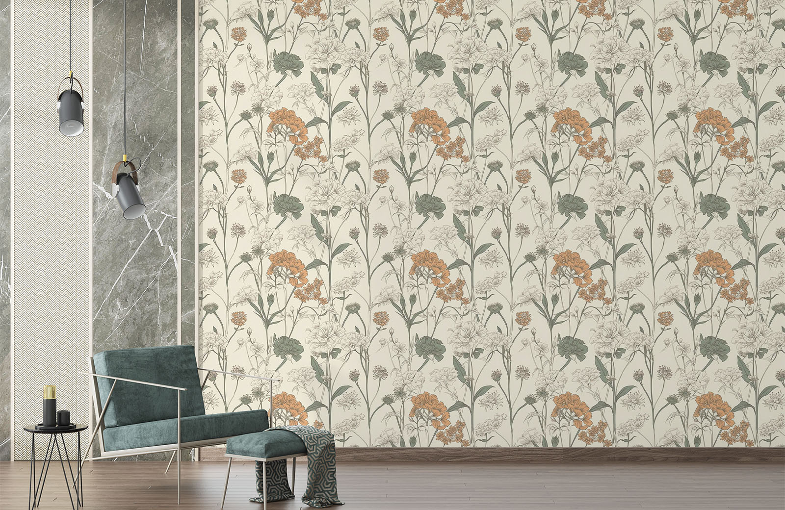 green-orange-flowers-in-cream-background-wallpaper-with-chair