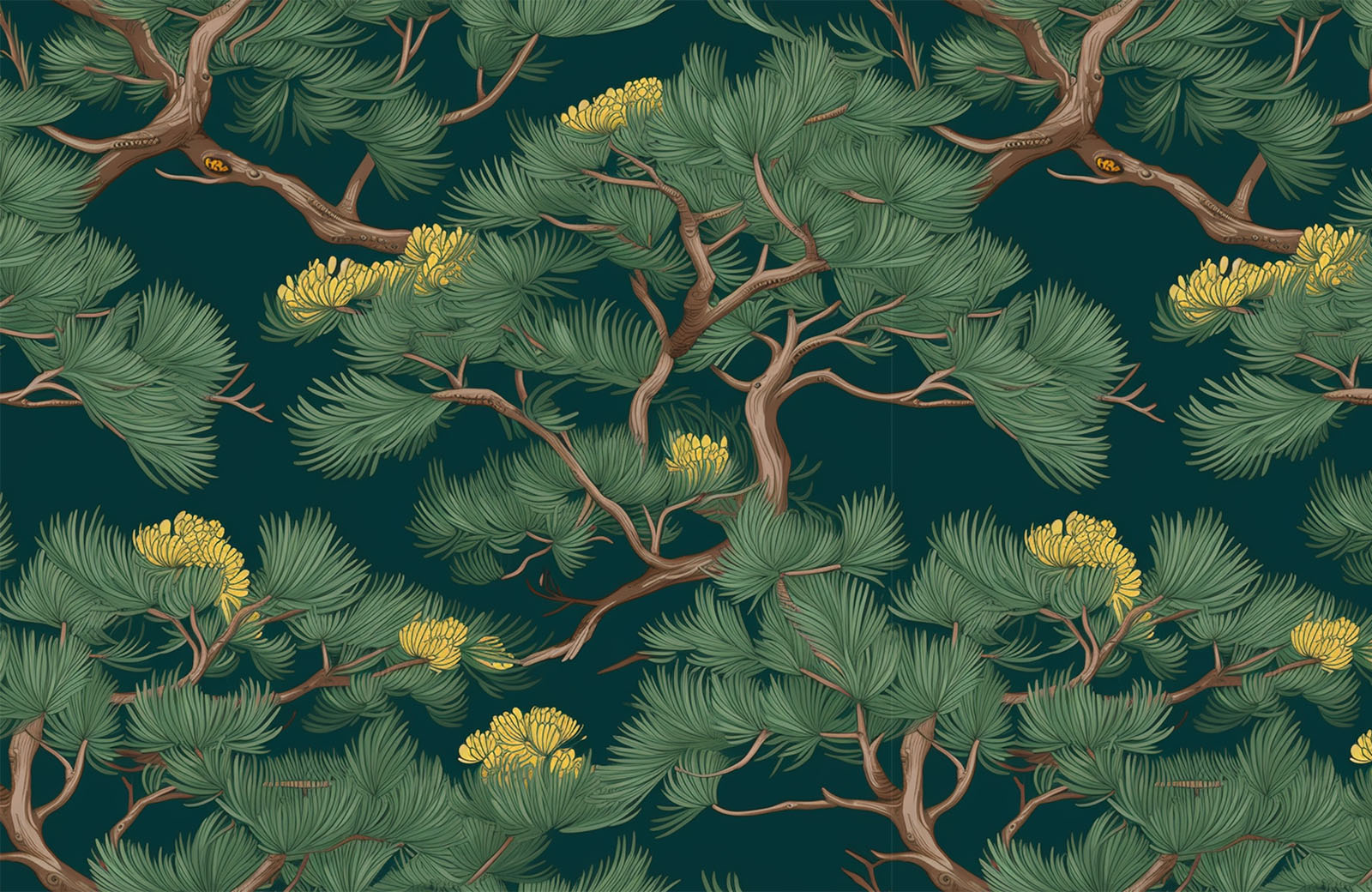 green-pointy-leaves-with-yellow-flowers-wallpaper-design