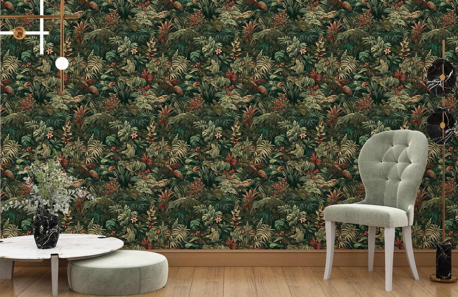 dense-tropical-plants-with-multi-coloured-leaves-wallpaper-with-chair