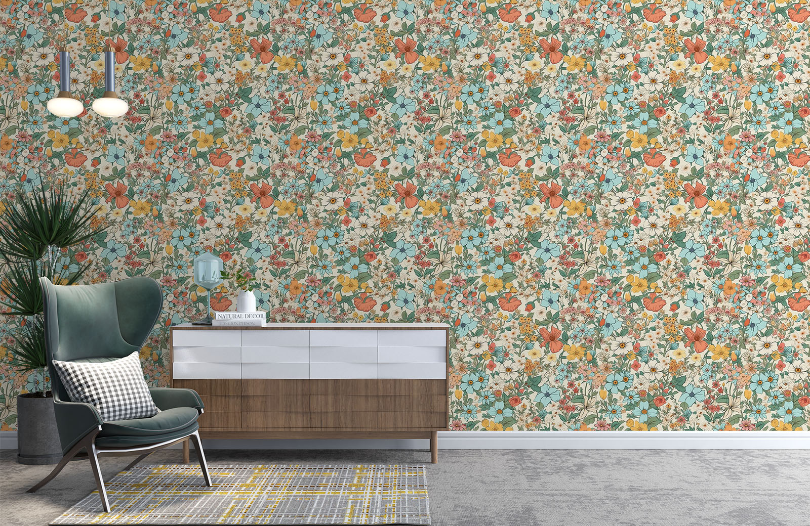 multi-coloured-flowers-and-leaves-wallpaper-with-chair