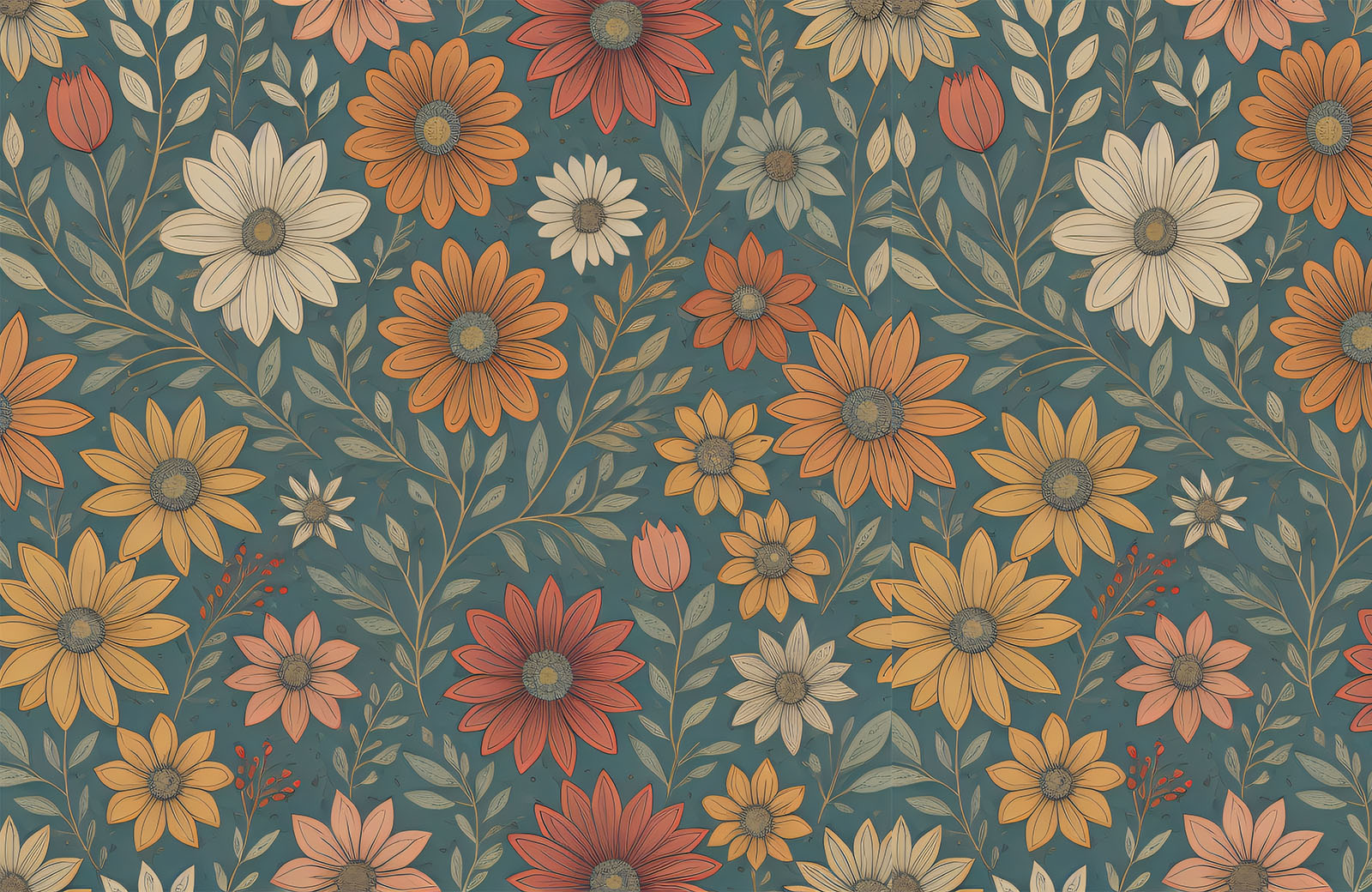 daisy-flower-with-leaves-vine-in-dark-background-wallpaper-design
