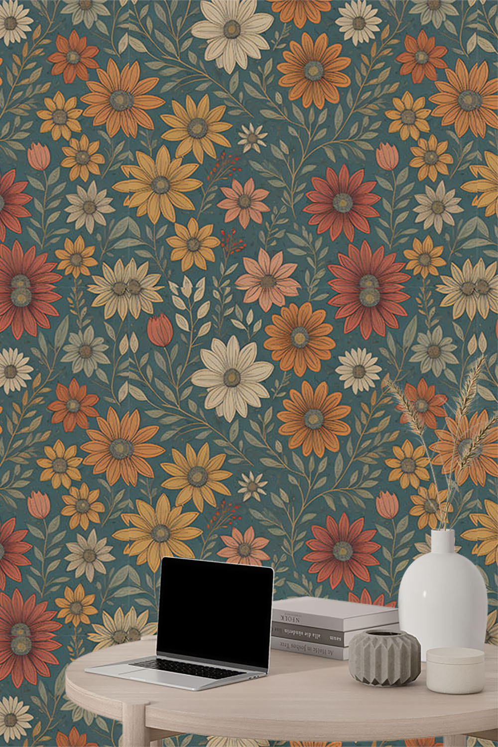 daisy-flower-with-leaves-vine-in-dark-background-wallpaper-sample