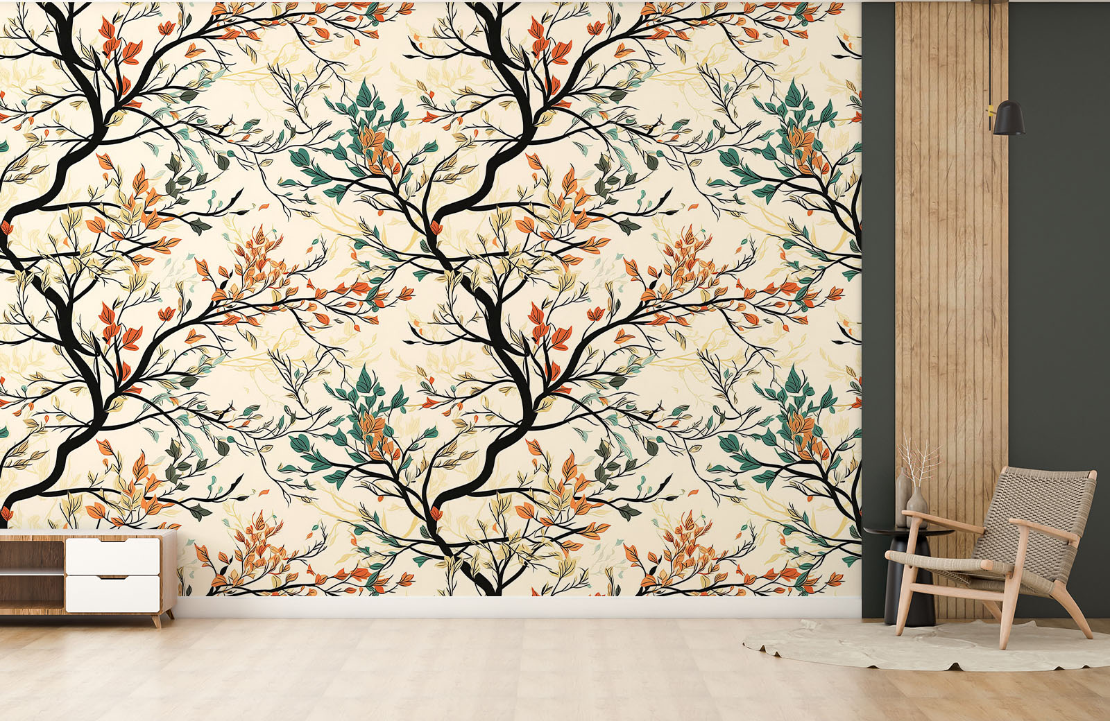 multi-coloured-leaves-branches-drawing-wallpaper-with-chair