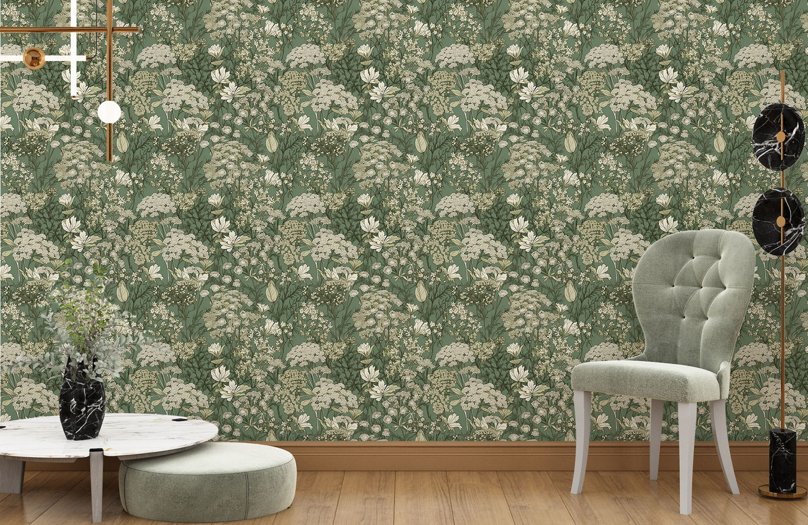 green-background-beige-flower-buds-wallpaper-with-chair