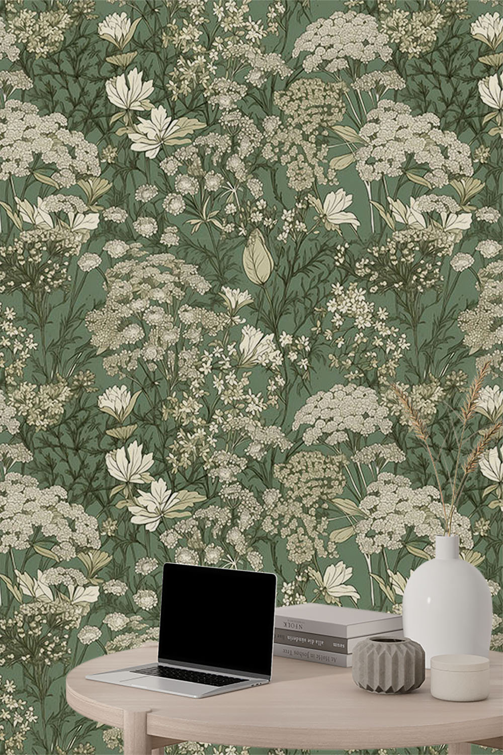 green-background-beige-flower-buds-wallpaper-sample